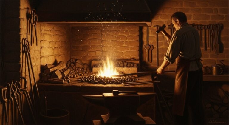 A dim colonial-era blacksmith's forge in late afternoon, seen from a respectful distance.