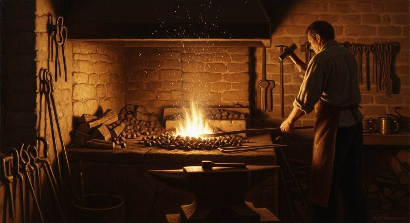 A dim colonial-era blacksmith's forge in late afternoon, seen from a respectful distance.