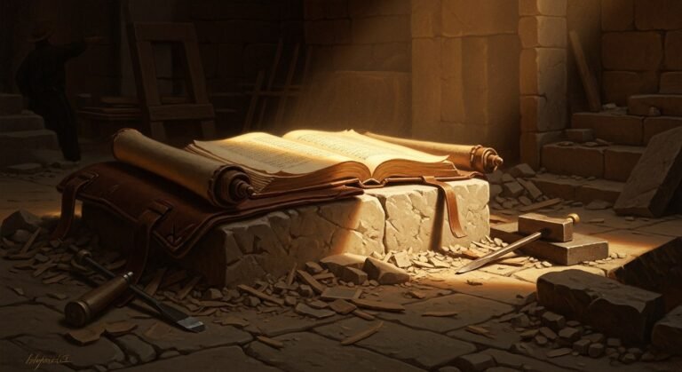 An ancient leather-bound scroll and worn book resting on rough-hewn stone, half-buried beneath dust, wood shavings, and fallen rubble inside a temple undergoing repair.